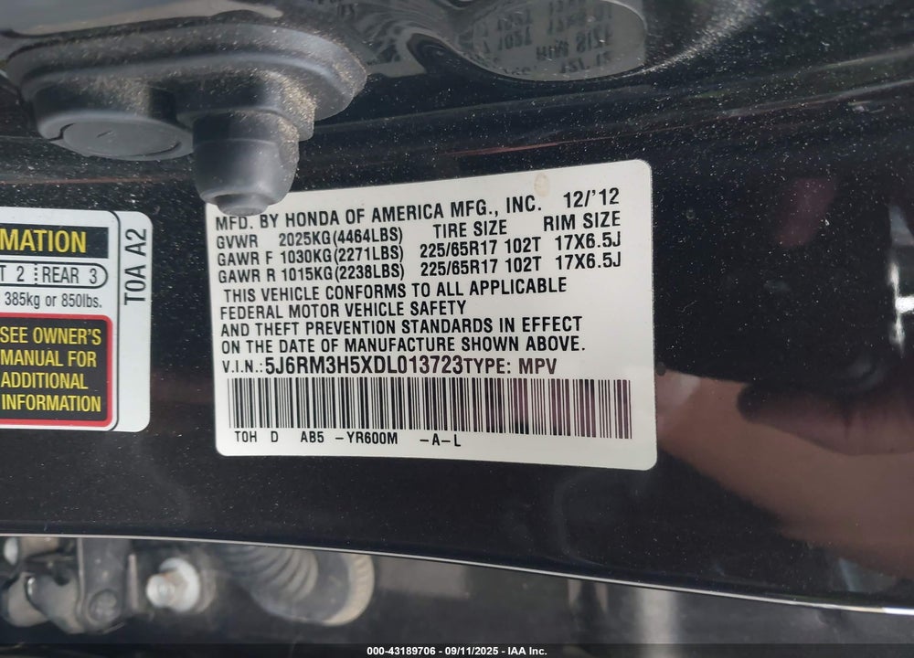 2013 HONDA CR-V VIN: 5J6RM3H5XDL013723