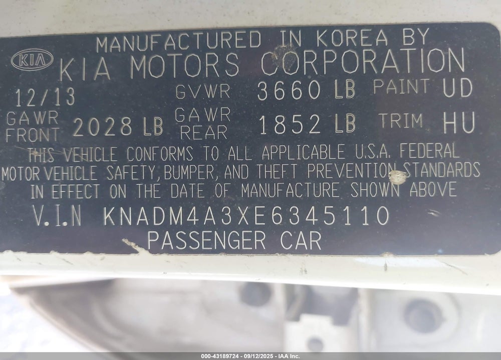 2014 KIA RIO VIN: KNADM4A3XE6345110