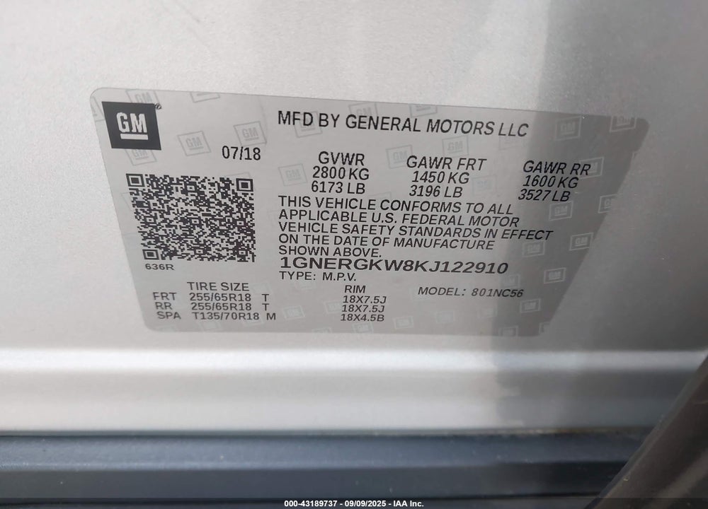 2019 CHEVROLET TRAVERSE VIN: 1GNERGKW8KJ122910