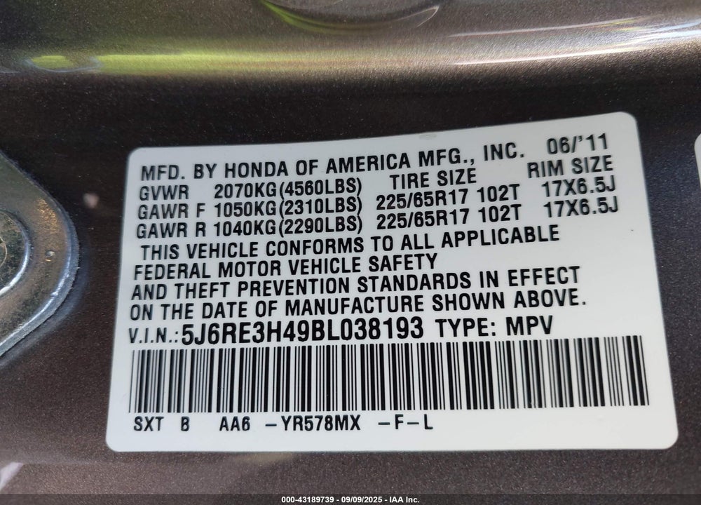 2011 HONDA CR-V SE VIN: 5J6RE3H49BL038193