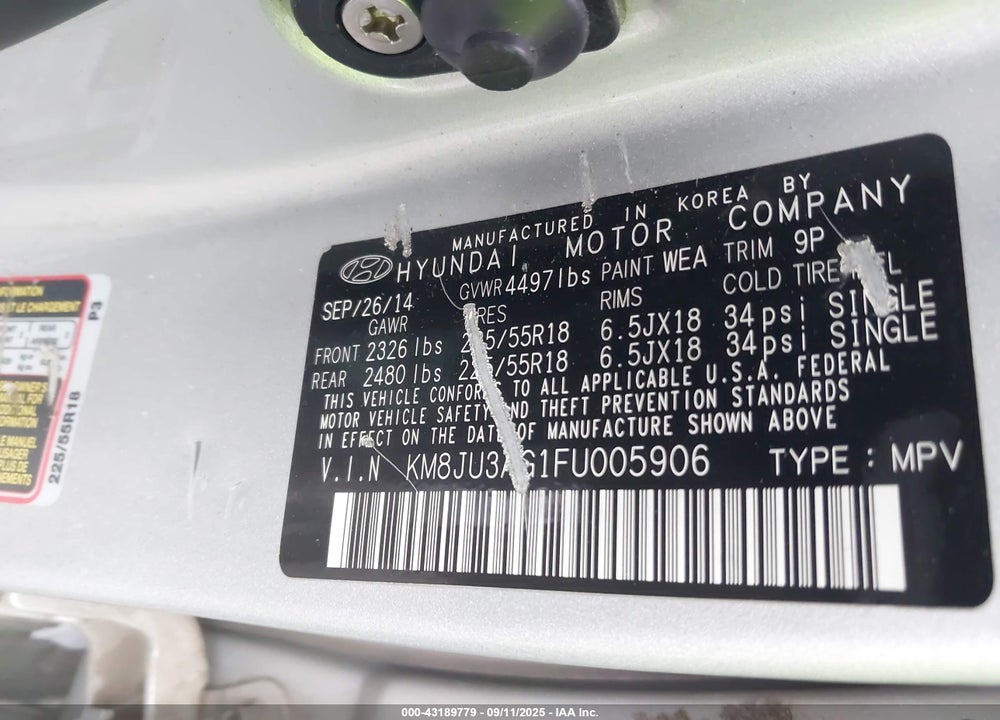 2015 HYUNDAI TUCSON VIN: KM8JU3AG1FU005906