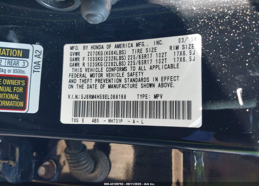 2014 HONDA CR-V EX VIN: 5J6RM4H59EL068168