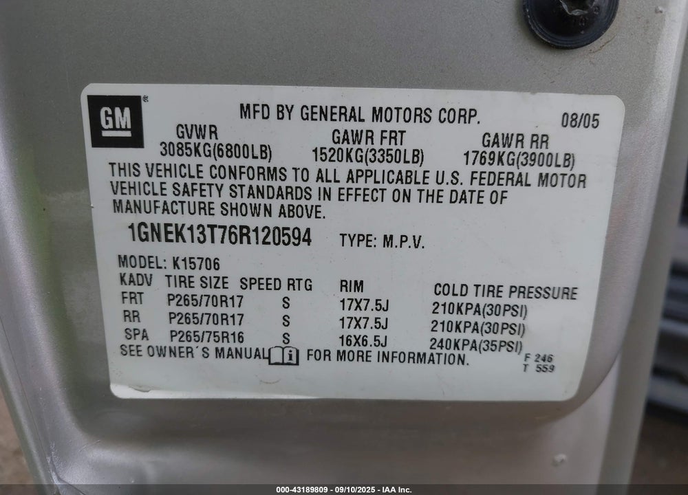 2006 CHEVROLET TAHOE Z71 VIN: 1GNEK13T76R120594