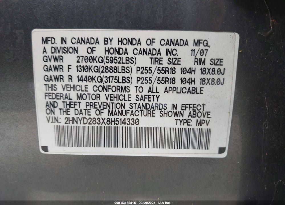 2008 ACURA MDX TECHNOLOGY PACKAGE VIN: 2HNYD283X8H514330