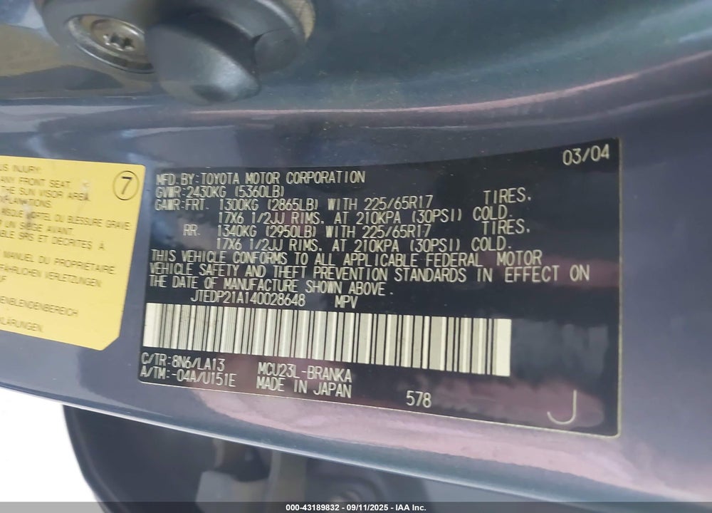 2004 TOYOTA HIGHLANDER LIMITED V6 VIN: JTEDP21A140028648