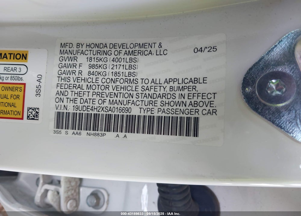 2025 ACURA INTEGRA VIN: 19UDE4H2XSA016690