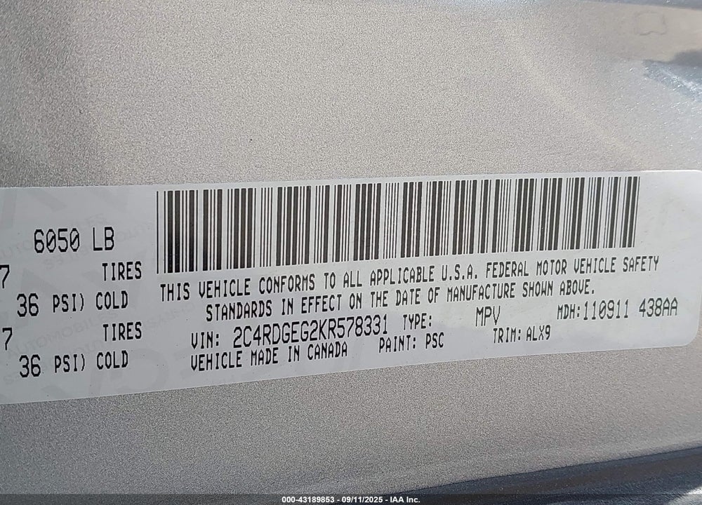 2019 DODGE GRAND CARAVAN GT VIN: 2C4RDGEG2KR578331