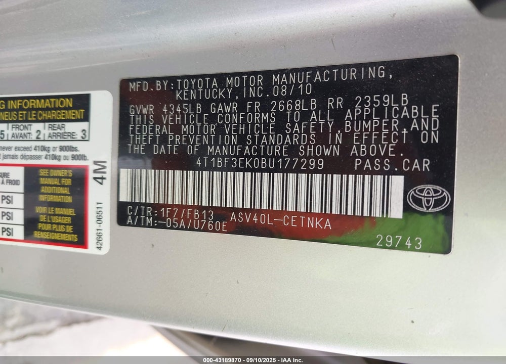 2011 TOYOTA CAMRY LE VIN: 4T1BF3EK0BU177299