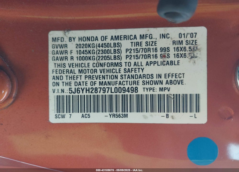 2007 HONDA ELEMENT VIN: 5J6YH28797L009498