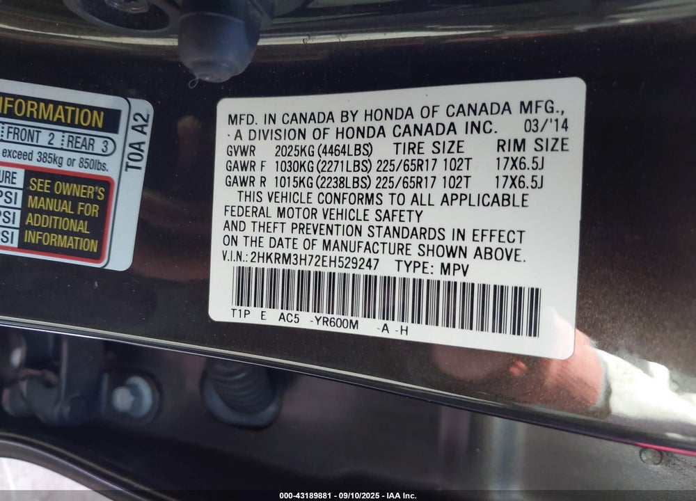2014 HONDA CR-V VIN: 2HKRM3H72EH529247
