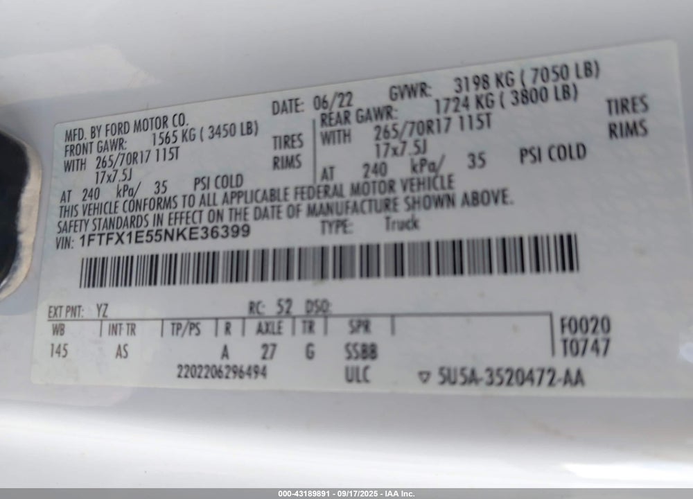 2022 FORD F-150 VIN: 1FTFX1E55NKE36399
