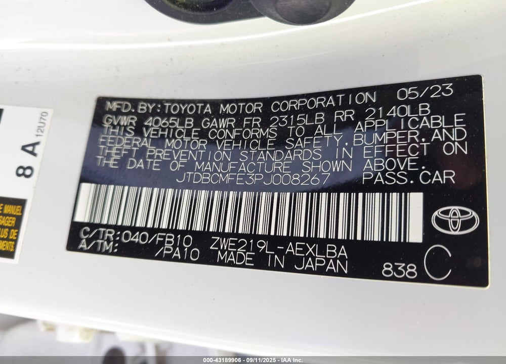 2023 TOYOTA COROLLA VIN: JTDBCMFE3PJ008267
