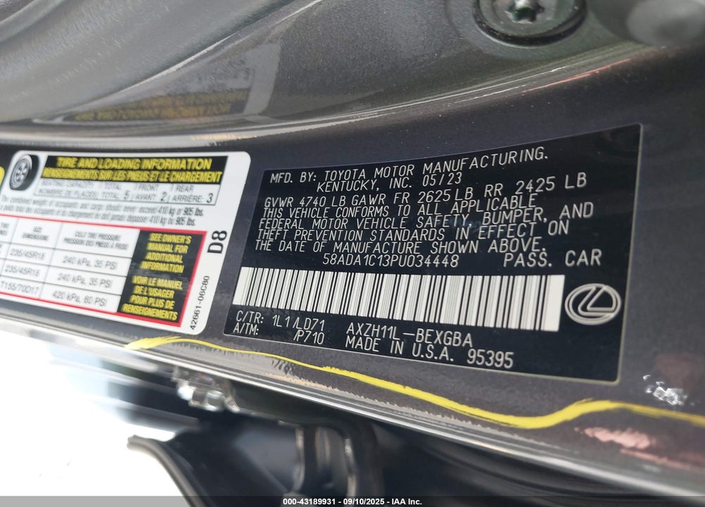 2023 LEXUS ES 300H VIN: 58ADA1C13PU034448
