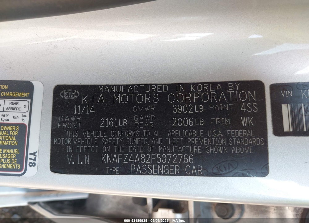 2015 KIA FORTE VIN: KNAFZ4A82F5372766