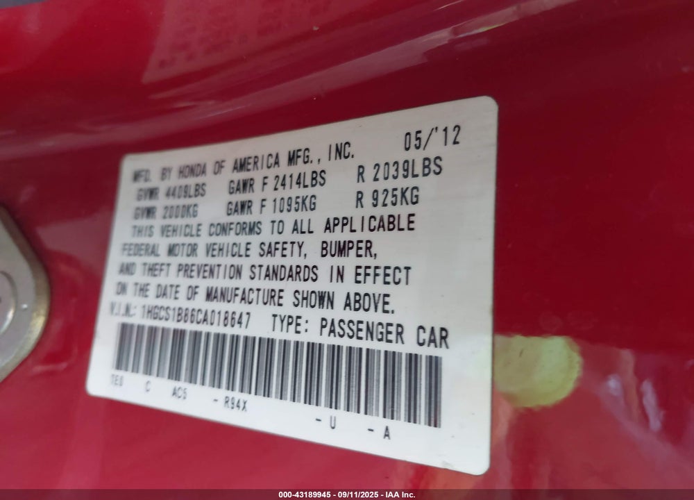 2012 HONDA ACCORD 2.4 EX-L VIN: 1HGCS1B86CA018647