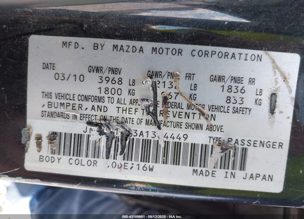 2010 MAZDA MAZDA3 VIN: JM1BL1SG3A1304449