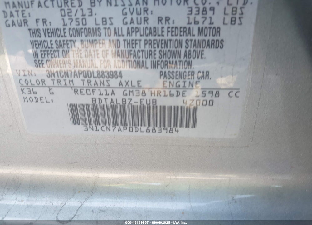 2013 NISSAN VERSA VIN: 3N1CN7AP0DL883984
