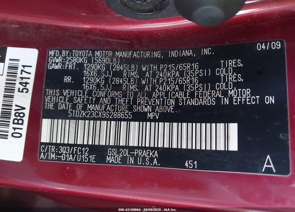 2009 TOYOTA SIENNA VIN: 5TDZK23CX9S288655