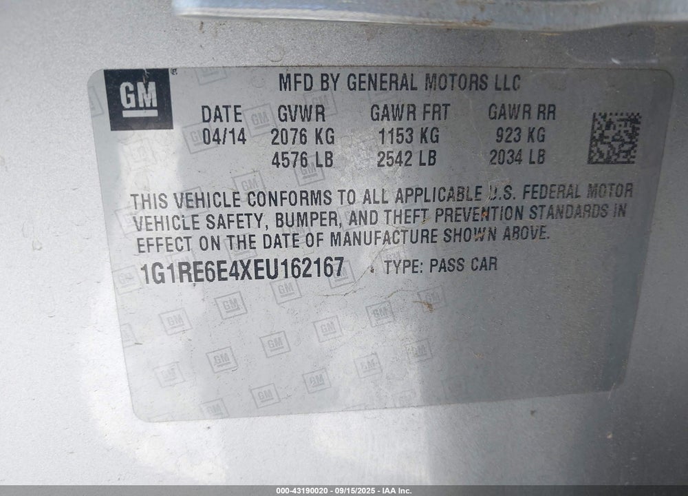 2014 CHEVROLET VOLT VIN: 1G1RE6E4XEU162167