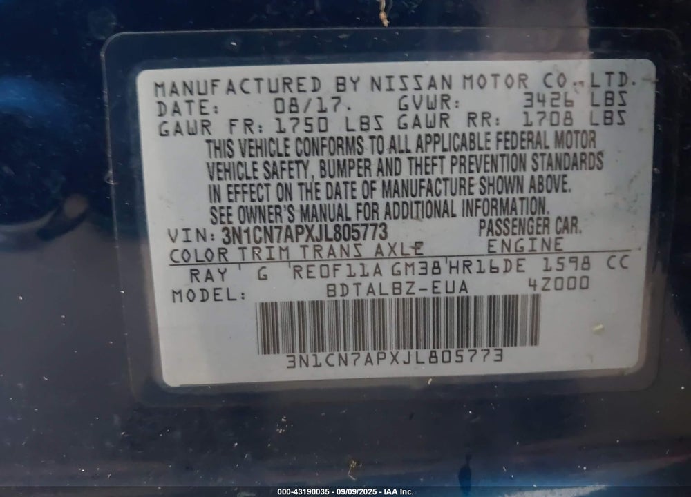 2018 NISSAN VERSA VIN: 3N1CN7APXJL805773
