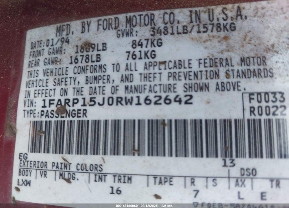 1994 FORD ESCORT LX/SPORT VIN: 1FARP15J0RW162642
