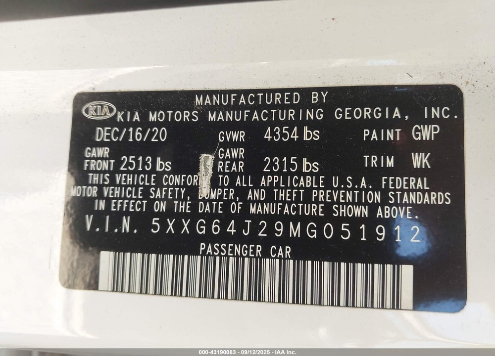2021 KIA K5 GT LINE VIN: 5XXG64J29MG051912