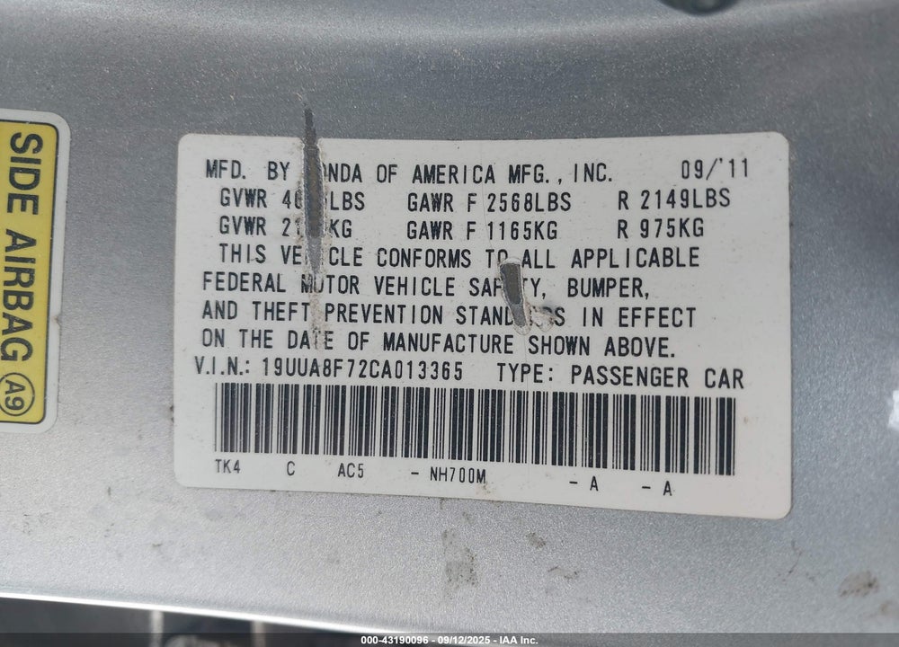 2012 ACURA TL VIN: 19UUA8F72CA013365