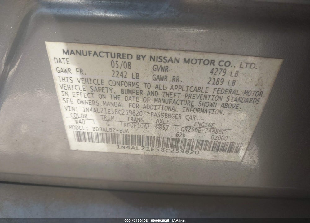 2008 NISSAN ALTIMA 2.5 S VIN: 1N4AL21E58C259620