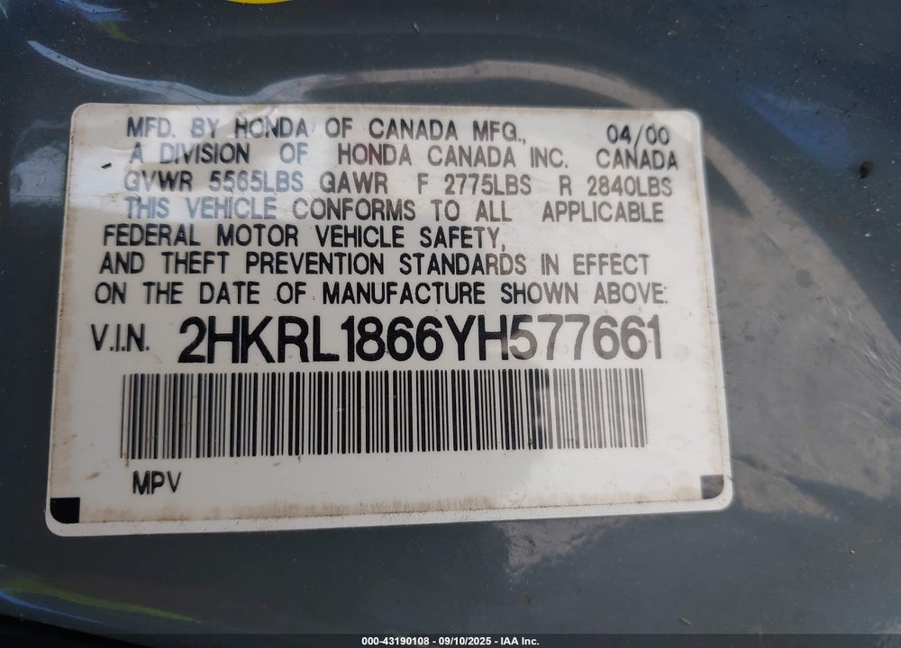 2000 HONDA ODYSSEY EX VIN: 2HKRL1866YH577661