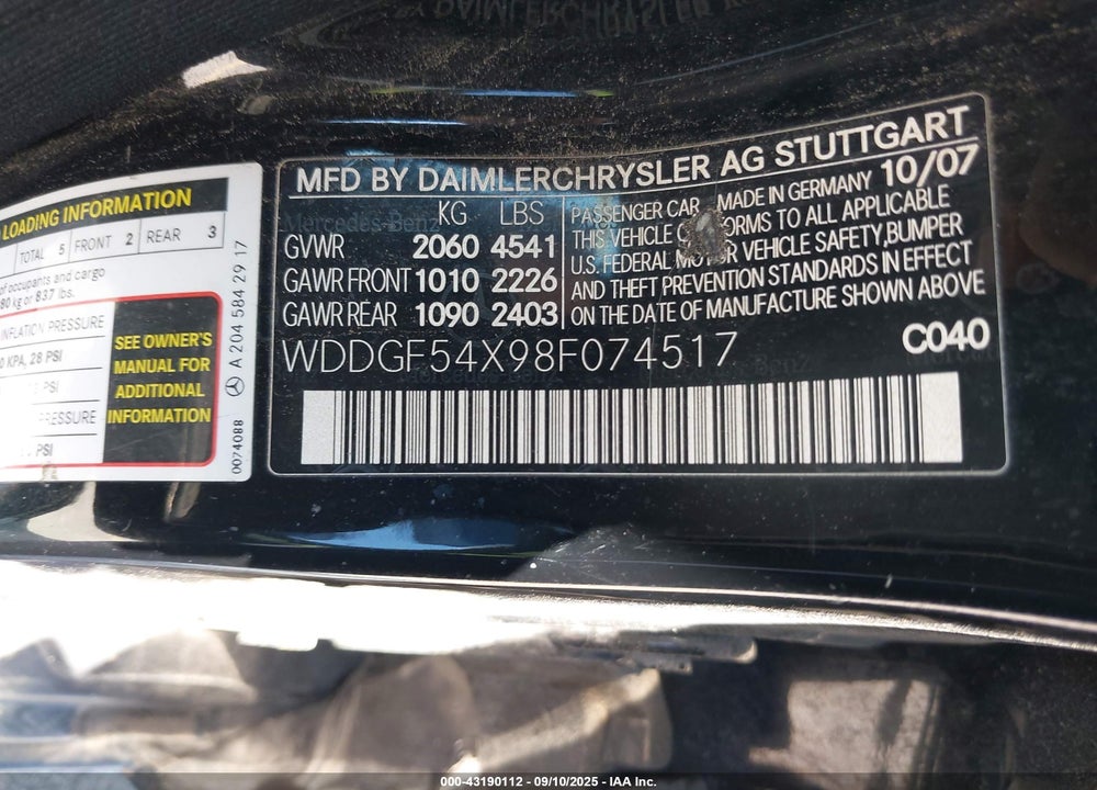 2008 MERCEDES-BENZ C 300 LUXURY/SPORT VIN: WDDGF54X98F074517