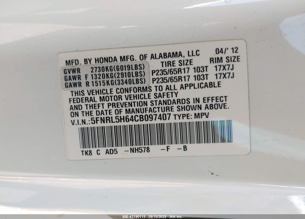 2012 ODYSSEY HONDA  EX-L VIN: 5FNRL5H64CB097407