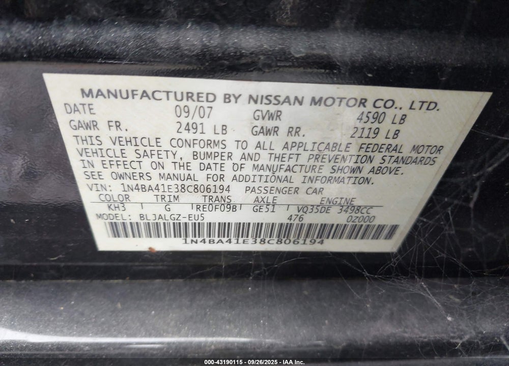2008 NISSAN MAXIMA 3.5 SL VIN: 1N4BA41E38C806194
