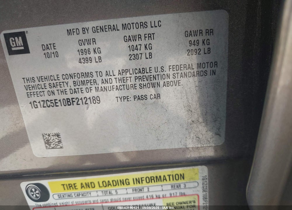 2011 CHEVROLET MALIBU 1LT VIN: 1G1ZC5E10BF212189