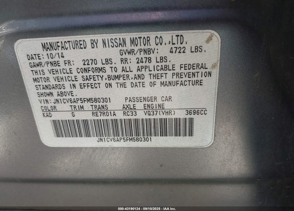 2015 INFINITI Q40 VIN: JN1CV6AP5FM580301
