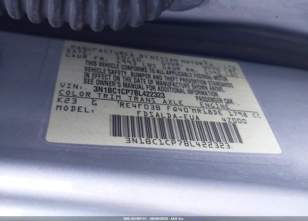2011 NISSAN VERSA VIN: 3N1BC1CP7BL422323