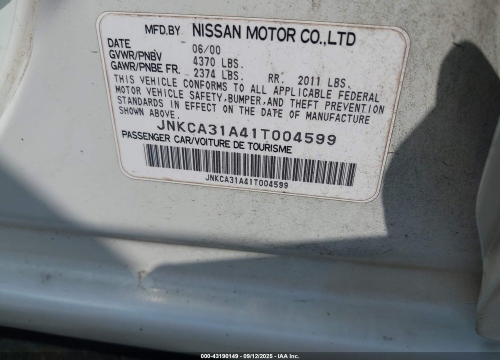 2001 INFINITI I30 LUXURY VIN: JNKCA31A41T004599