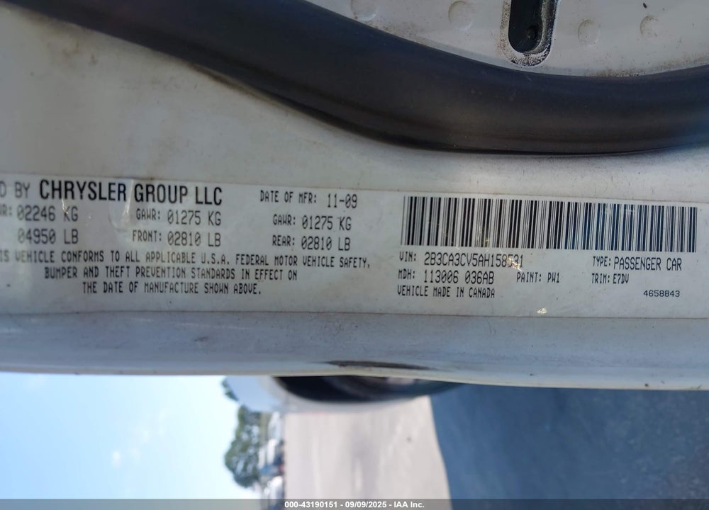 2010 DODGE CHARGER VIN: 2B3CA3CV5AH158531