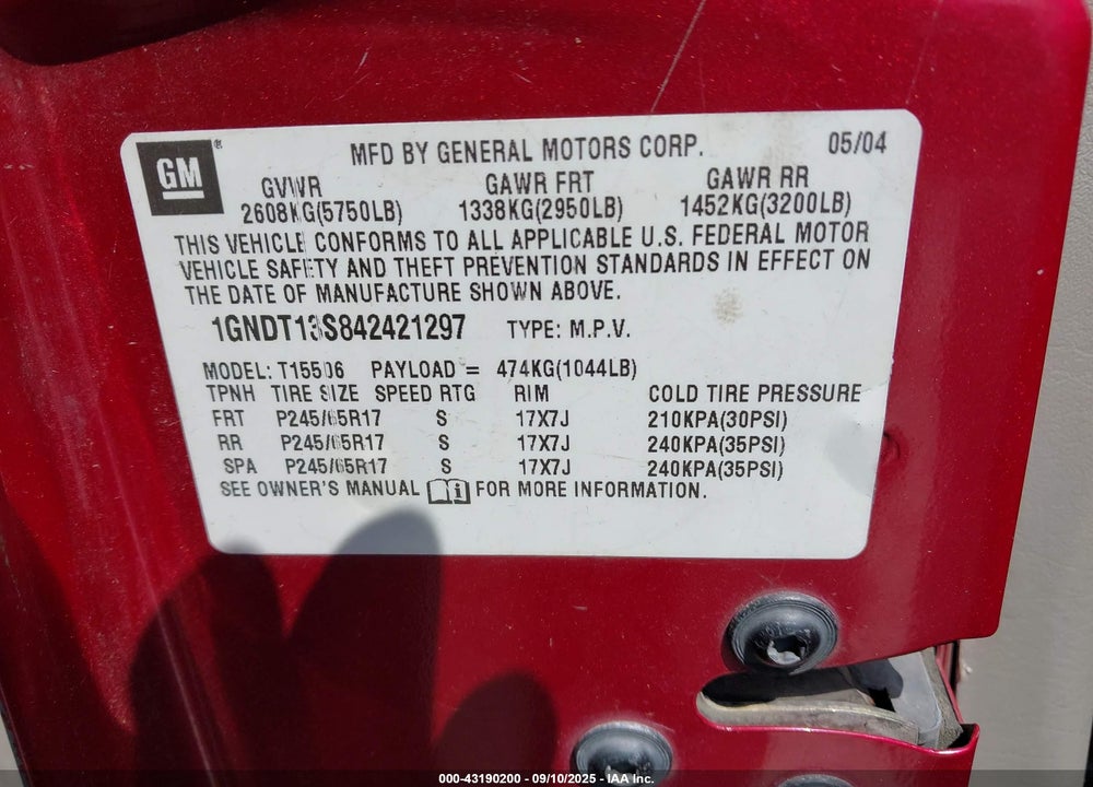 2004 CHEVROLET TRAILBLAZER LT VIN: 1GNDT13S842421297
