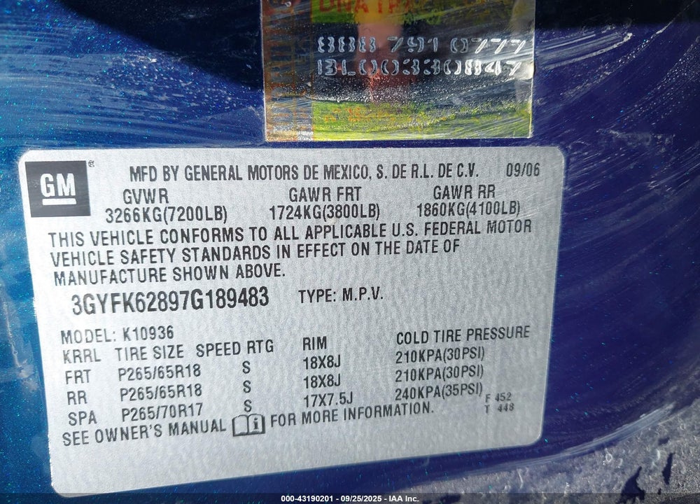 2007 CADILLAC ESCALADE EXT STANDARD VIN: 3GYFK62897G189483