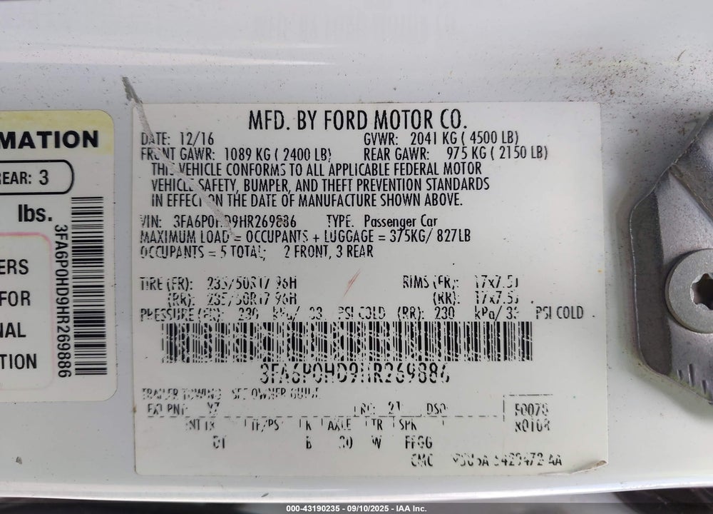 2017 FORD FUSION VIN: 3FA6P0HD9HR269886