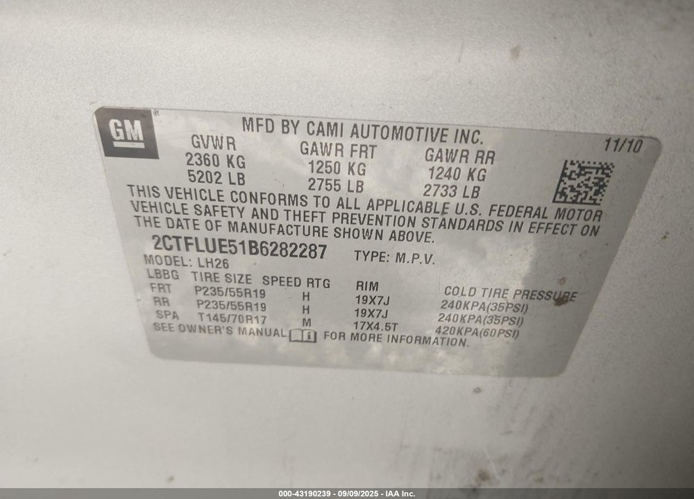 2011 GMC TERRAIN SLT-1 VIN: 2CTFLUE51B6282287