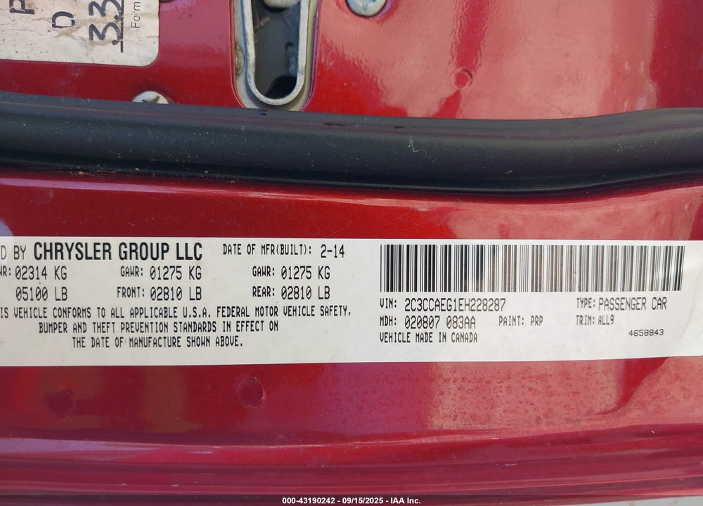2014 CHRYSLER 300 VIN: 2C3CCAEG1EH228287