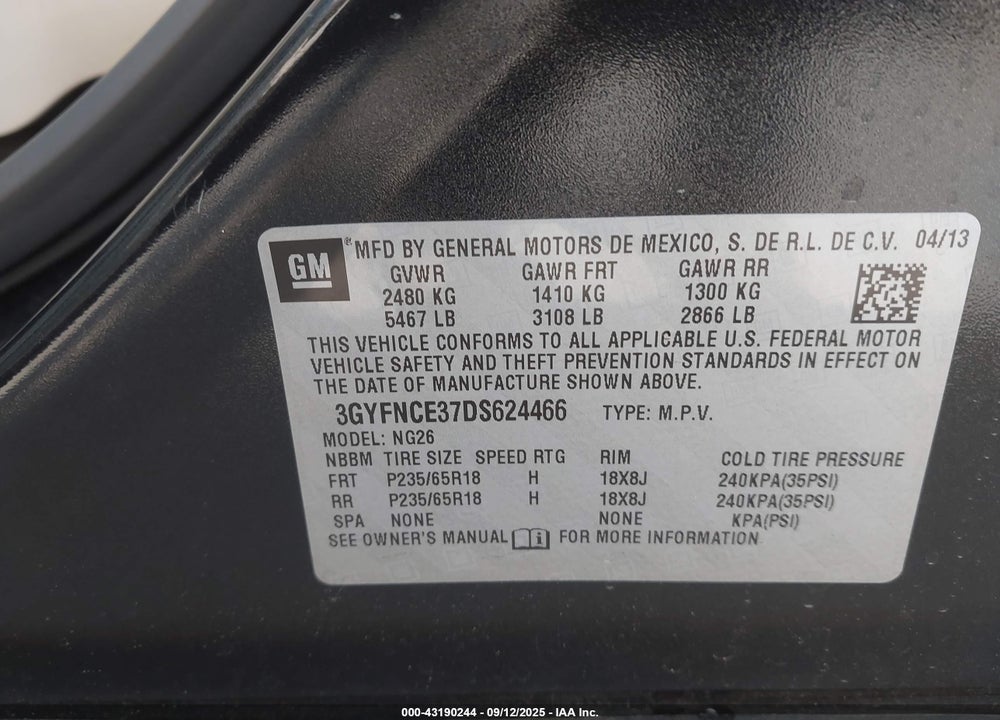 2013 CADILLAC SRX VIN: 3GYFNCE37DS624466