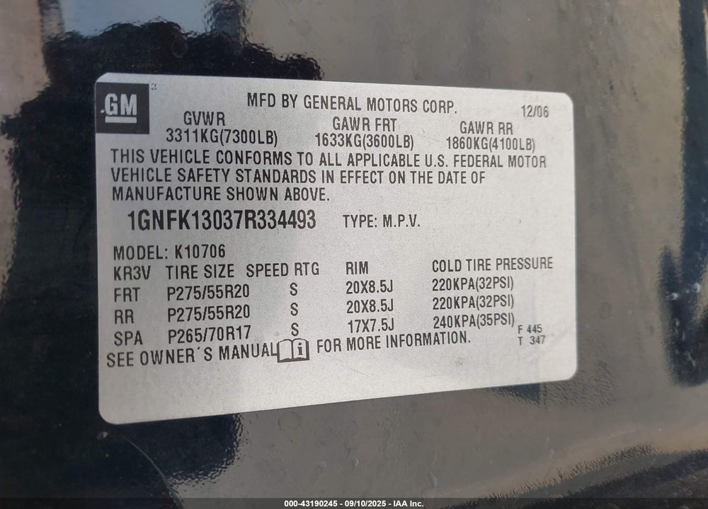 2007 CHEVROLET TAHOE LTZ VIN: 1GNFK13037R334493