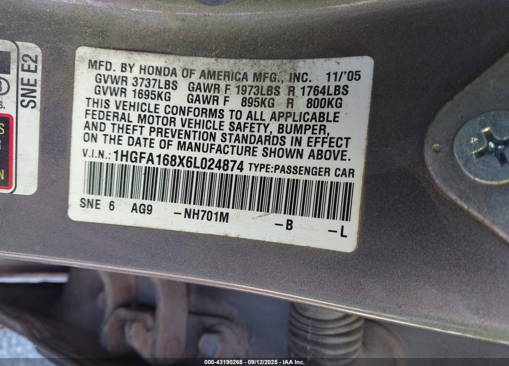 2006 HONDA CIVIC EX VIN: 1HGFA168X6L024874