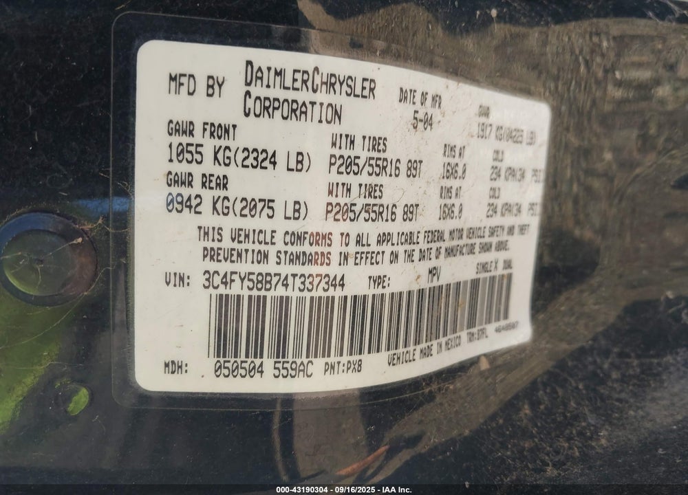 2004 CHRYSLER PT CRUISER TOURING VIN: 3C4FY58B74T337344