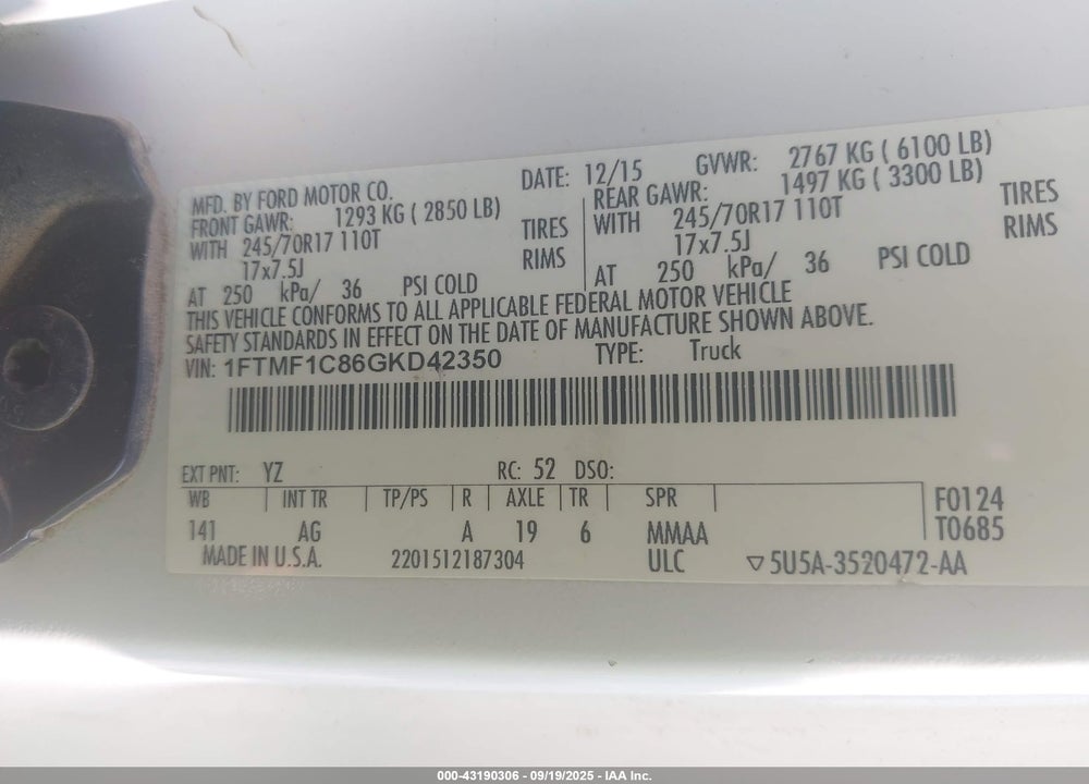 2016 FORD F-150 XL VIN: 1FTMF1C86GKD42350