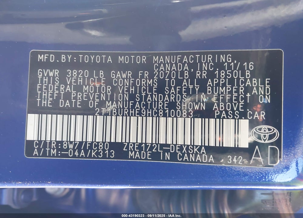 2017 TOYOTA COROLLA VIN: 2T1BURHE9HC810083