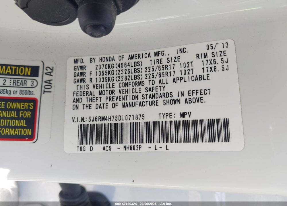 2013 HONDA CR-V VIN: 5J6RM4H75DL071875
