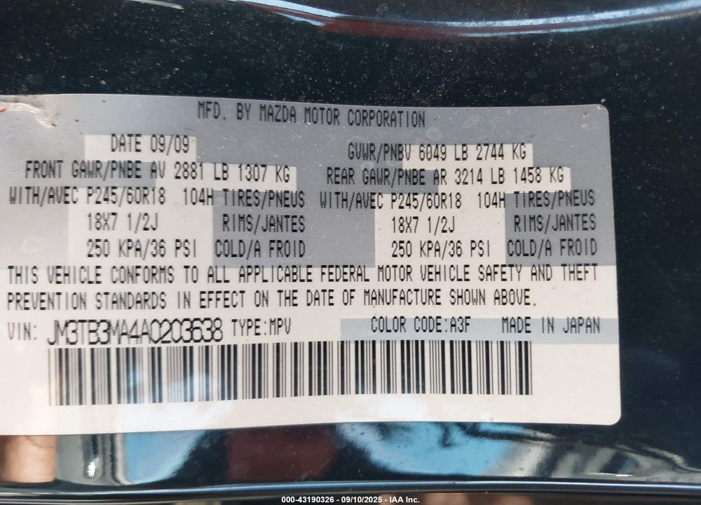 2010 MAZDA CX-9 VIN: JM3TB3MA4A0203638